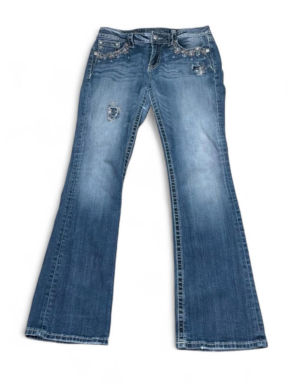 Miss Me Blue Distressed Flare Jeans with Embellished Pockets